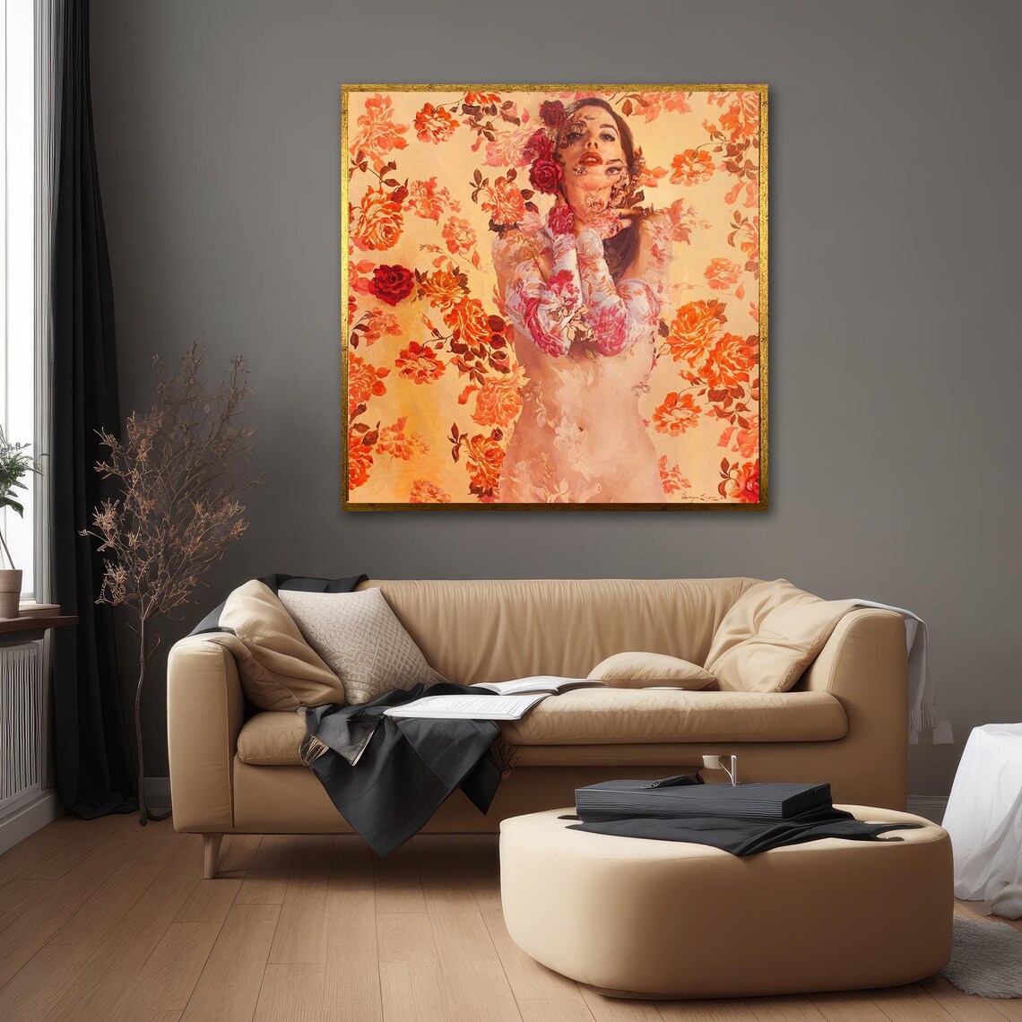 Floral Woman Orange Roses Double Exposure Botanical Art Poster - Image 3