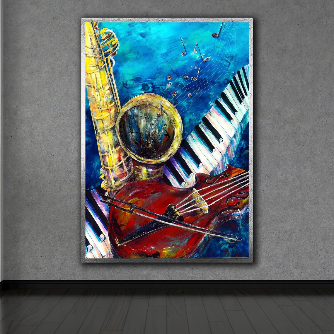Colorful Saxophone Violin and Piano Musical Instruments Oil Painting Art Poster