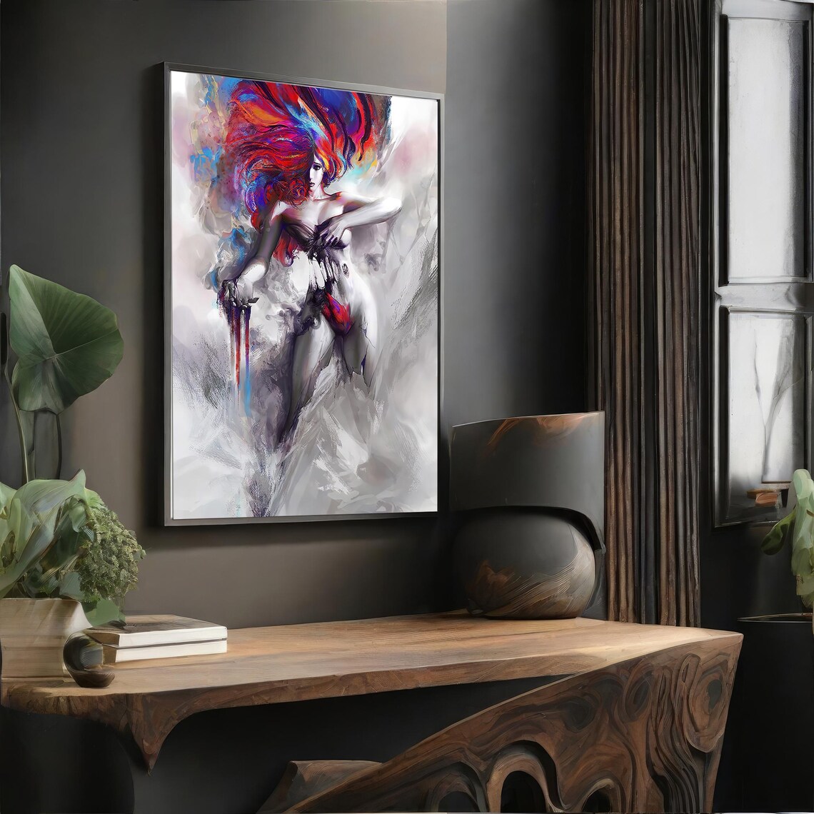 Colorful Splash Hair Woman Pop Art Nude Painting Multicolor Wall Art - Image 4