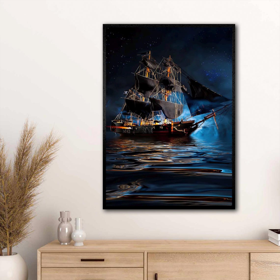 Pirate Ship Sailing at Night on a Glowing Moonlit Sea Fantasy Poster - Image 3