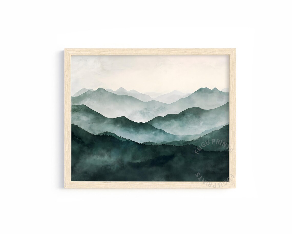Misty Mountain Green Forest, Minimalist Landscape Art Print