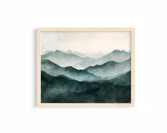 Misty Mountain Green Forest, Minimalist Landscape Art Print