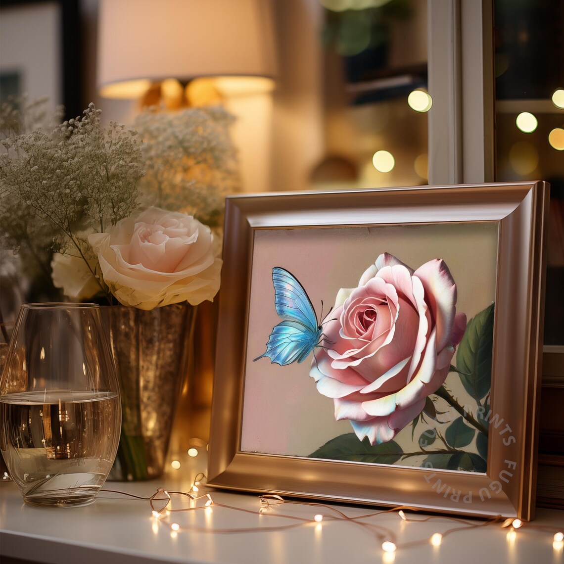 Pink Rose Butterfly Art, Romantic Floral Decor - Image 3