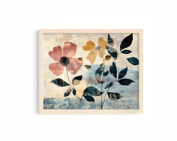 Abstract Floral Print Coral Gold Botanical Art Modern Vintage Wall Decor 138