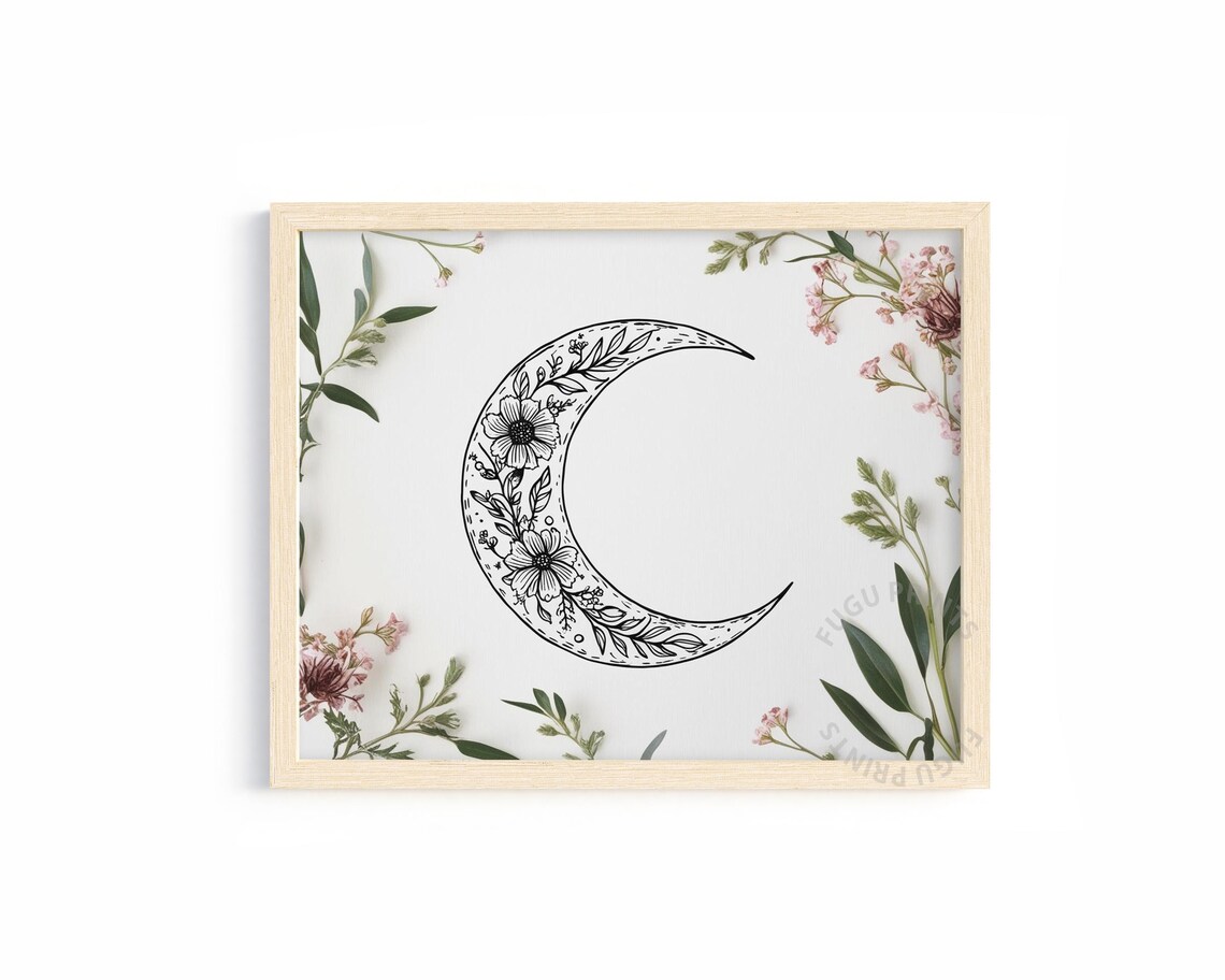 Floral Moon Art Print, Boho Celestial Decor