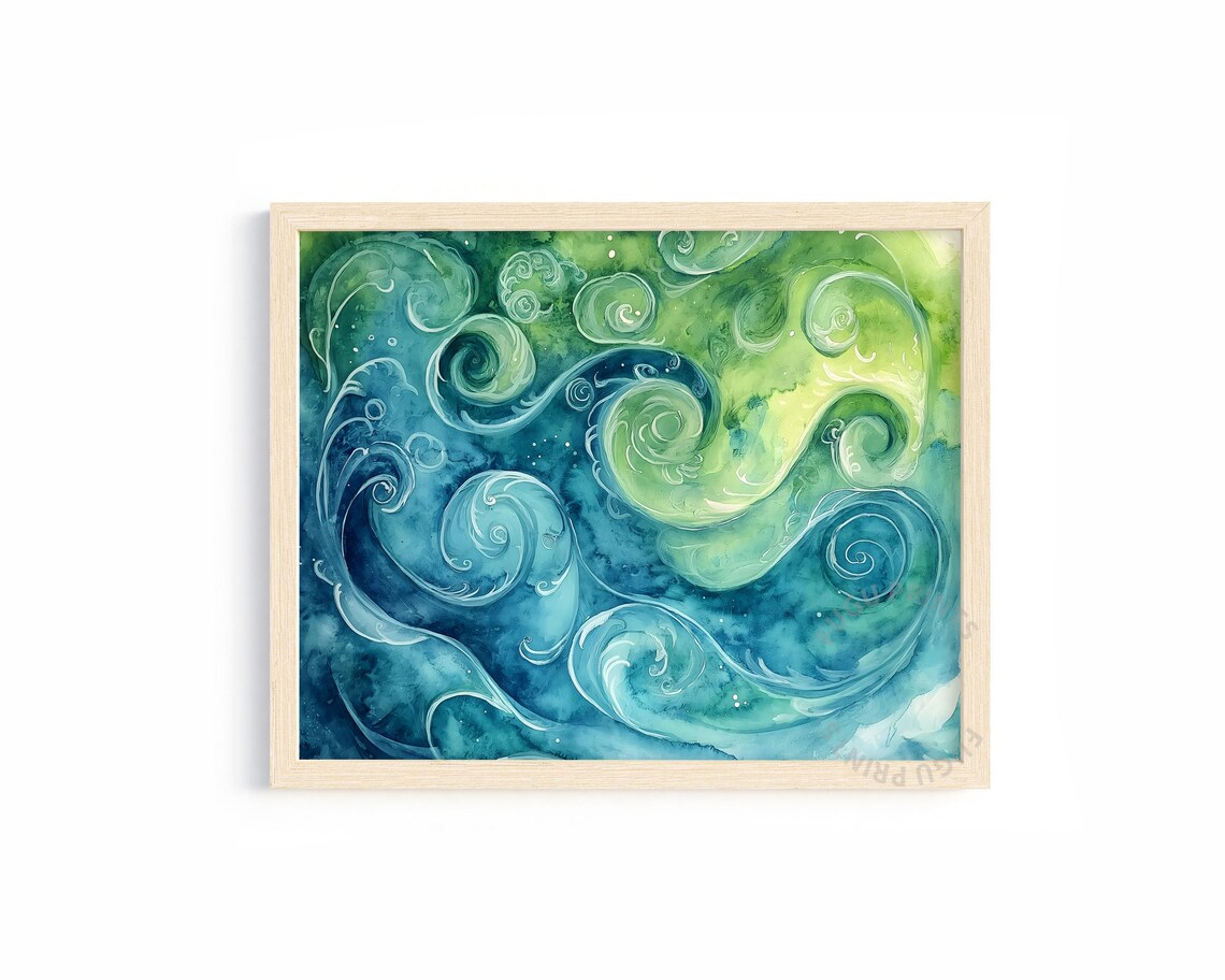 Blue Green Abstract Watercolor Swirls, Coastal Decor