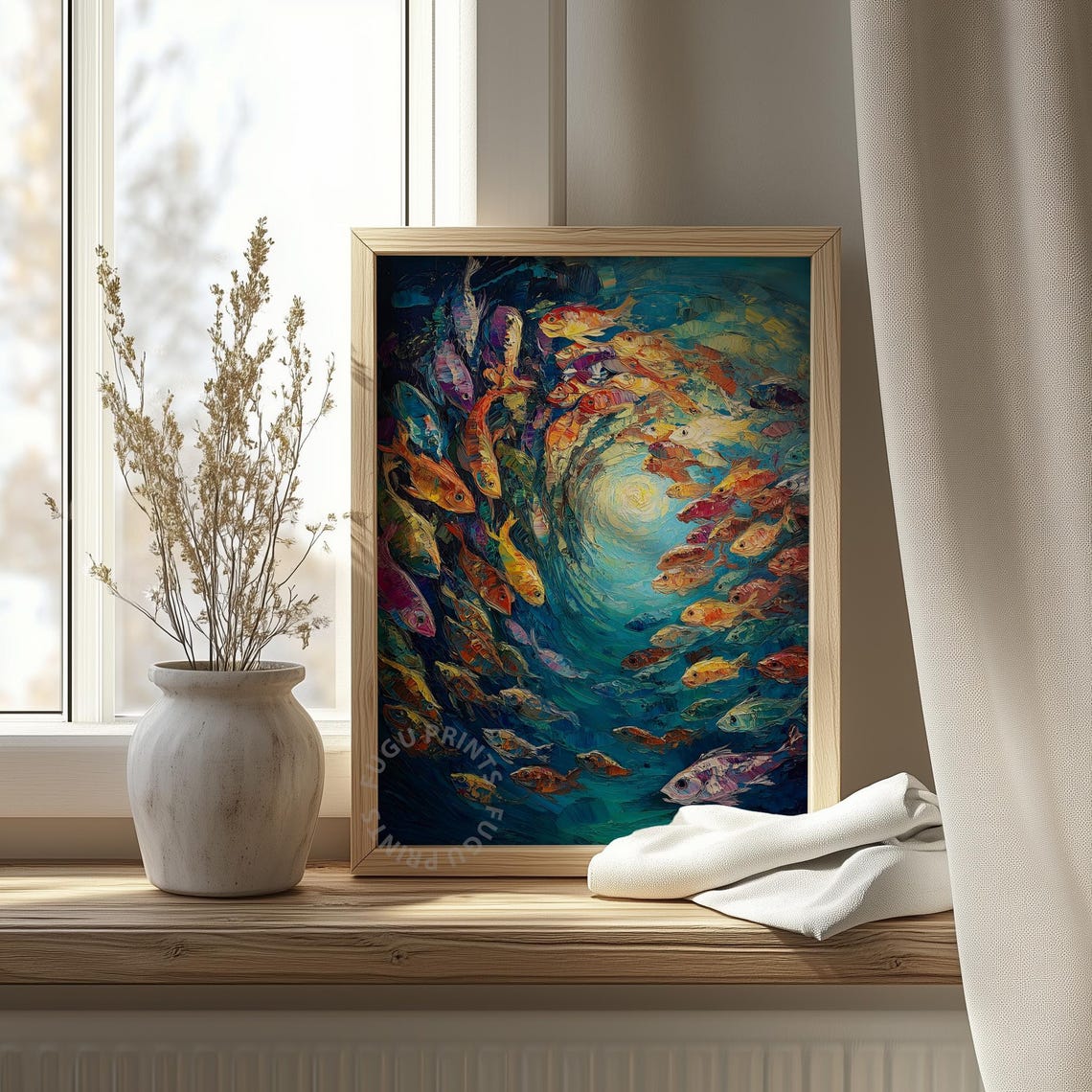 Fish School Art Ocean Expressionist Wall Decor Coastal Art Blue Orange Living Room Art 189 - Image 4