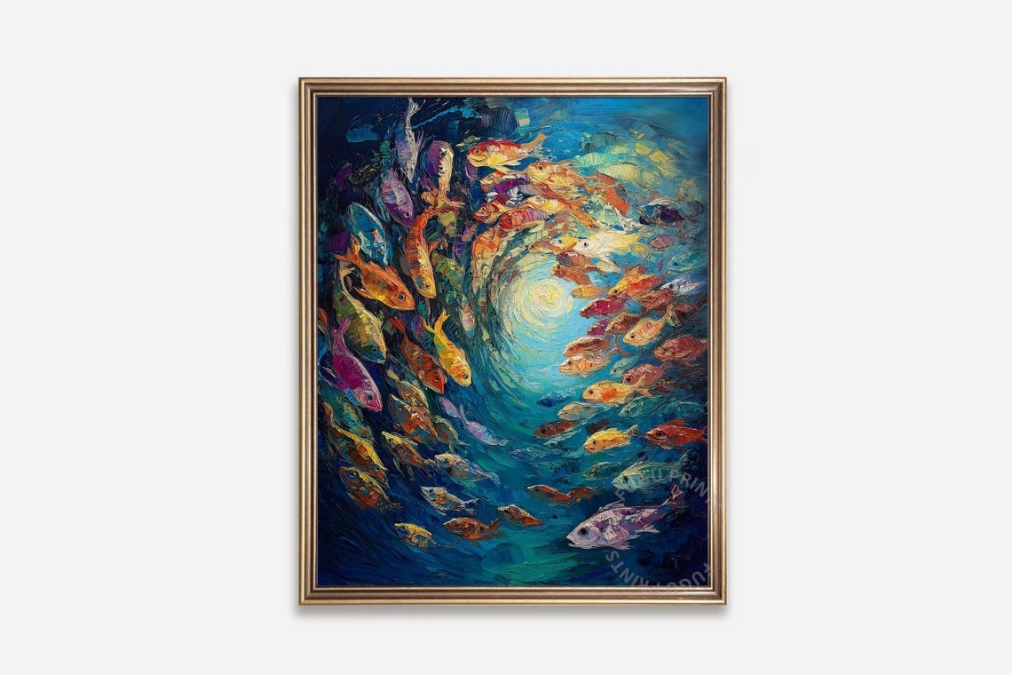 Fish School Art Ocean Expressionist Wall Decor Coastal Art Blue Orange Living Room Art 189