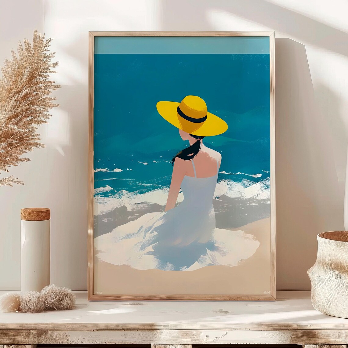 Woman In Yellow Sun Hat At Turquoise Beach Coastal Art Poster