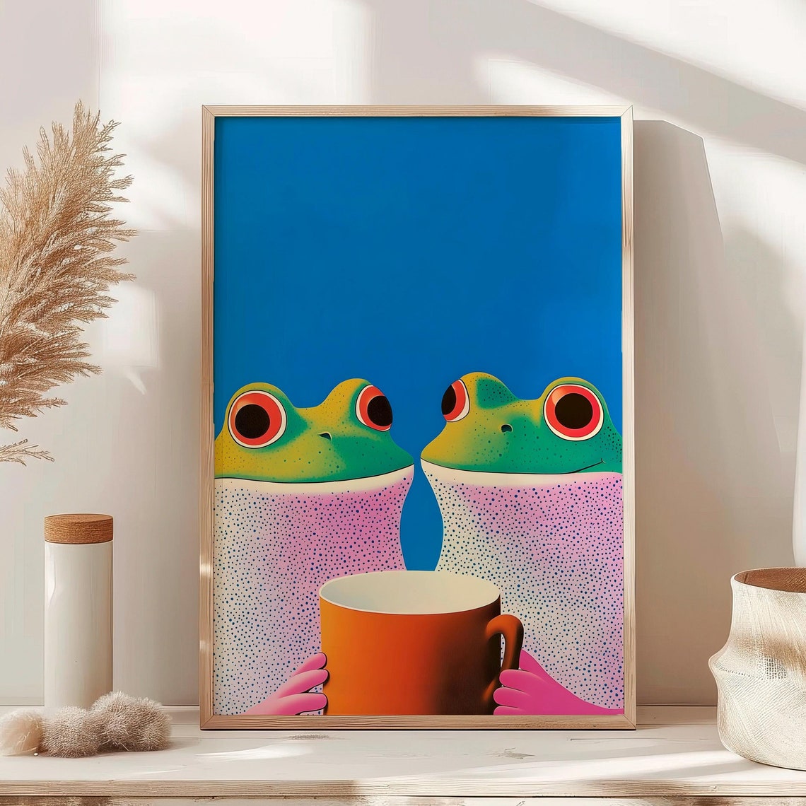 Two Cute Green Frogs Sharing Orange Mug Quirky Animal Poster
