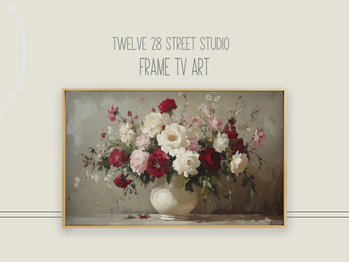Valentines Day Red White Rose Bouquet Vintage Floral Still Life Poster