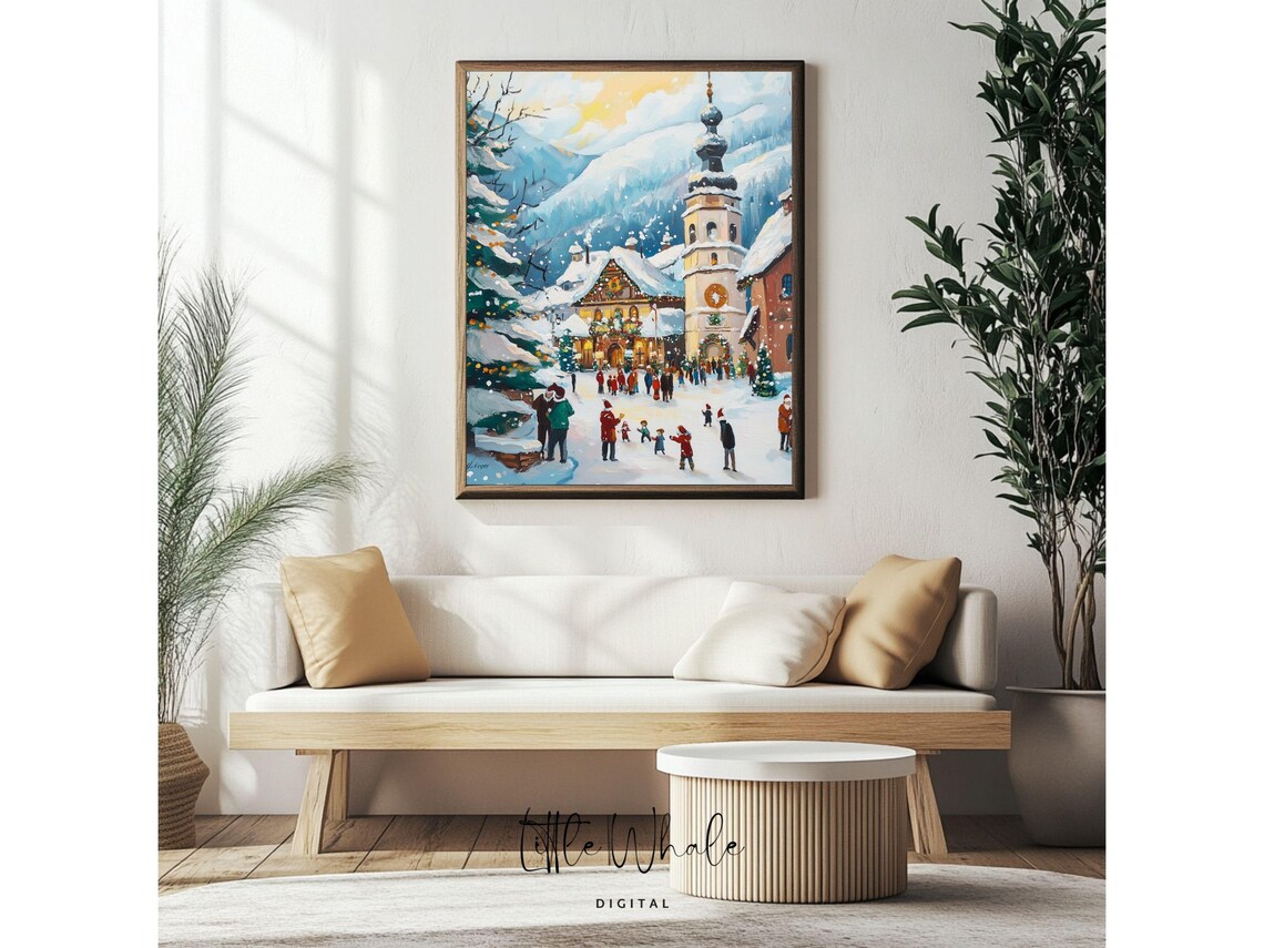 Snowy Alpine Village Christmas Scene with Church and Mountain Poster - Image 4