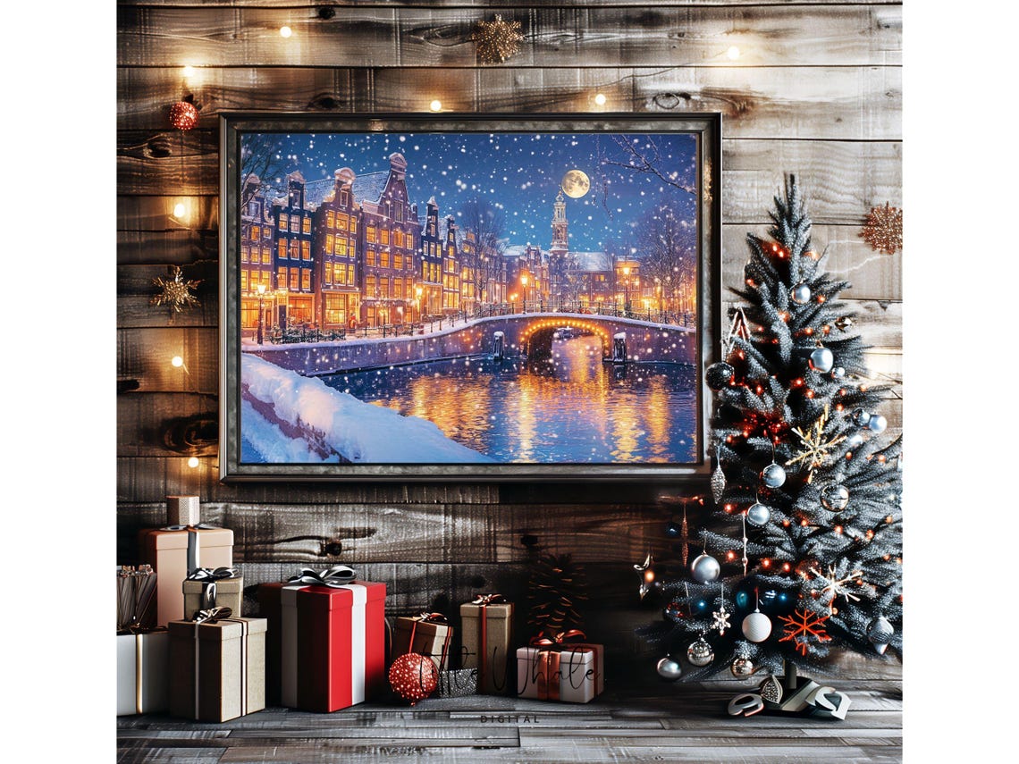 Amsterdam Canal on a Snowy Night with Moon and Glowing Houses Poster - Image 2