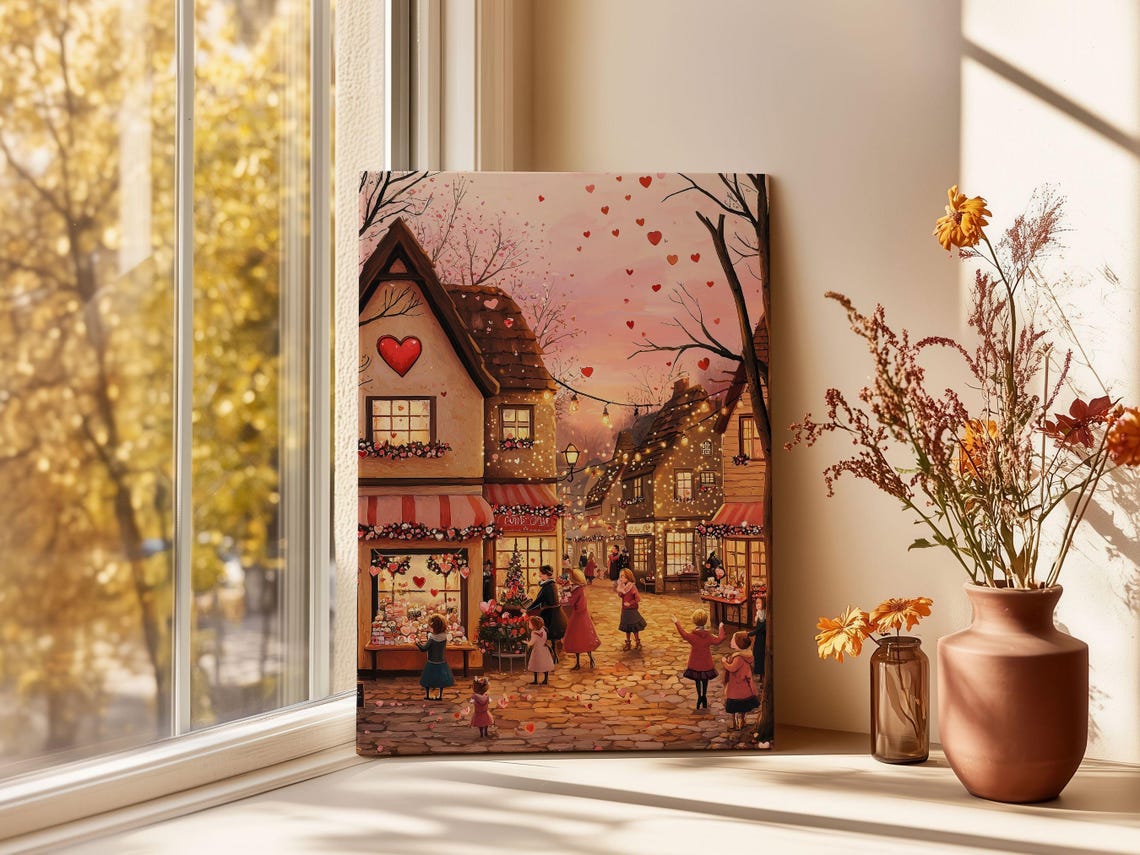 Valentines Day Wall Art Cute Valentines Day Town Art Valentines Day Painting Romantic Valentines Gift