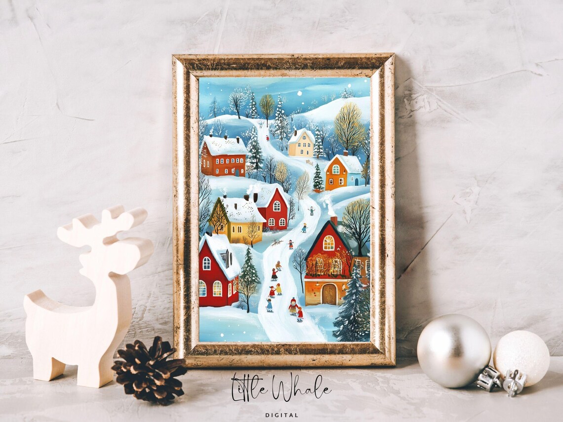Snowy Christmas Village With Children Cozy Winter Night Poster