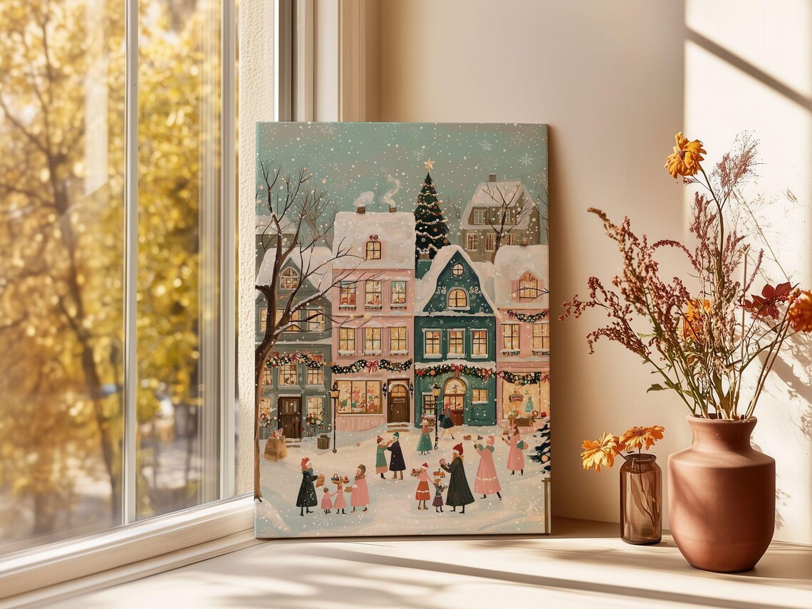 Pink Christmas Town Square With Carolers Snowy Holiday Scene Poster - Image 3