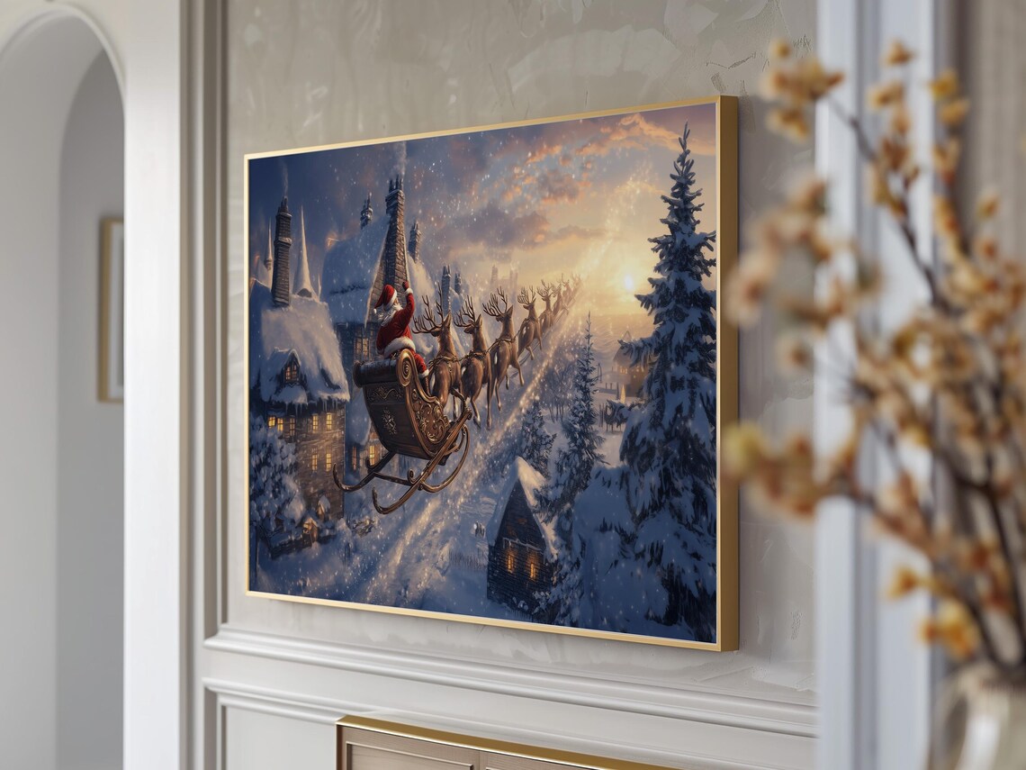 Santa Claus Flying Sleigh Over Snowy Village at Sunset Holiday Poster - Image 3