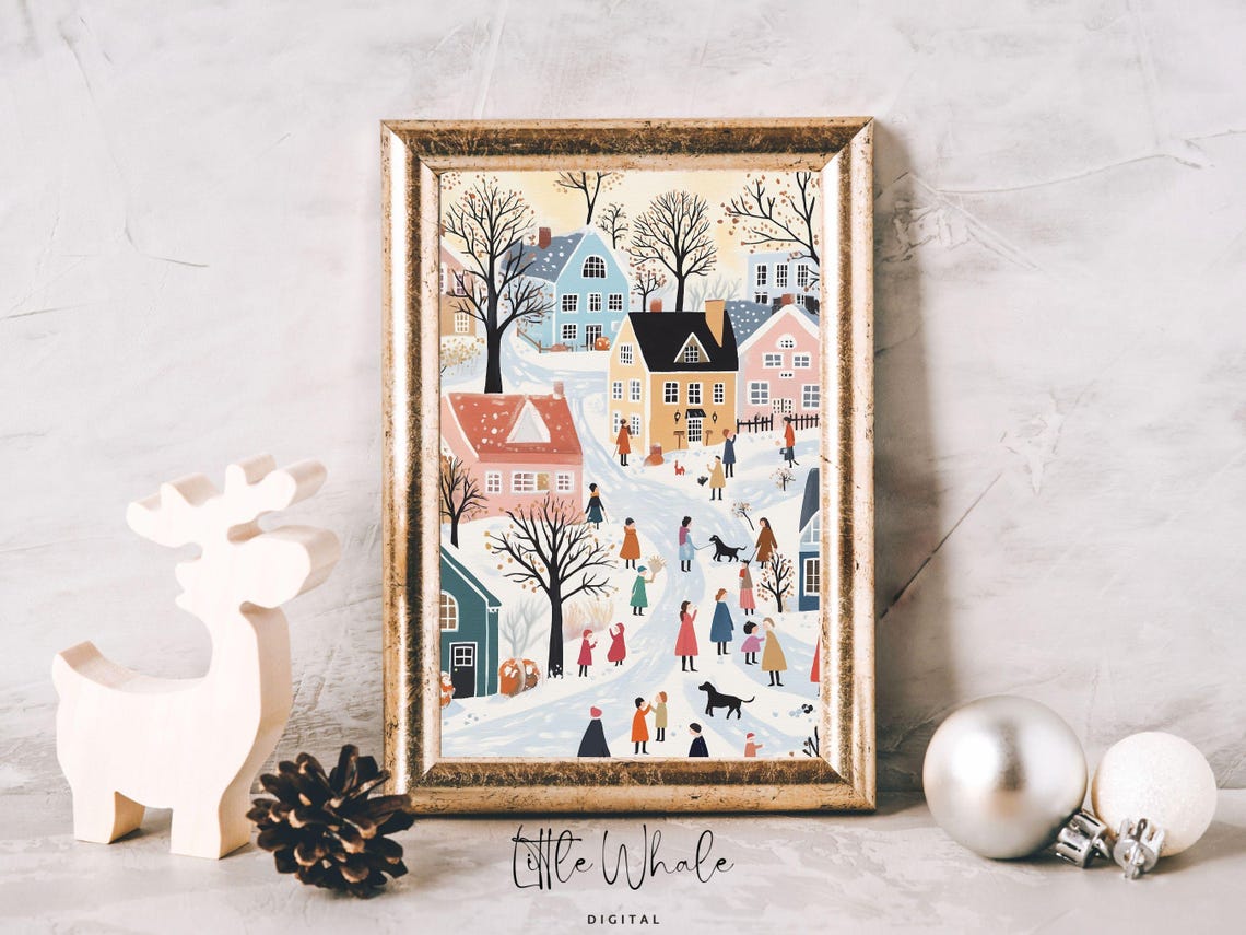 Whimsical Cozy Snowy Village Winter Town Stroll Holiday Poster