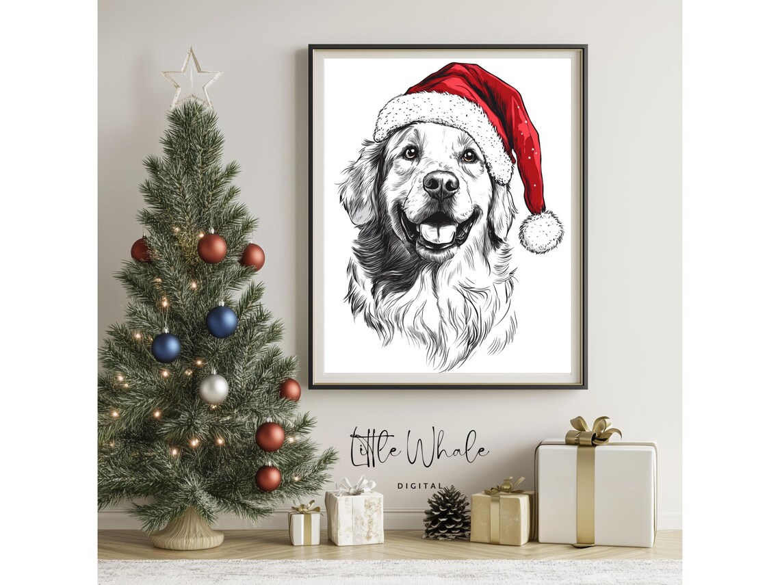 Golden Retriever in Santa Hat Smiling Christmas Dog Sketch Art Print - Image 3