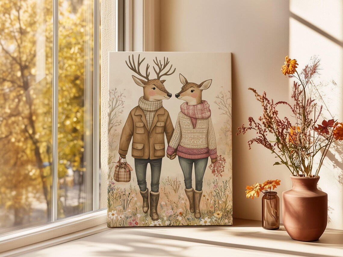 Sweet Deer Couple In Cozy Fall Outfits Whimsical Animal Poster - Image 2
