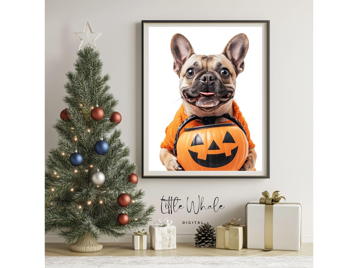 French Bulldog in Orange Costume Holding Pumpkin Candy Bucket Poster - Image 3