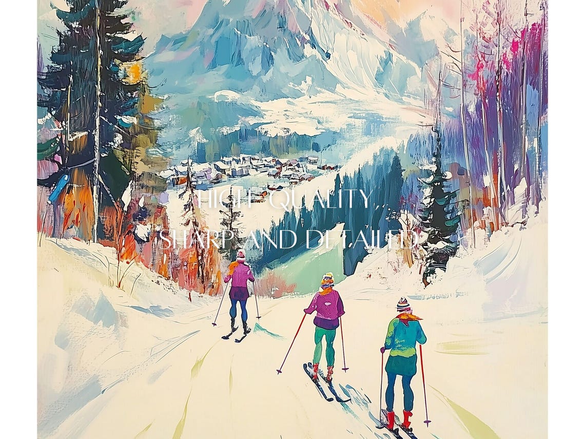 Alpine Skiers Gliding Down A Snowy Mountain Slope Art Poster - Image 2