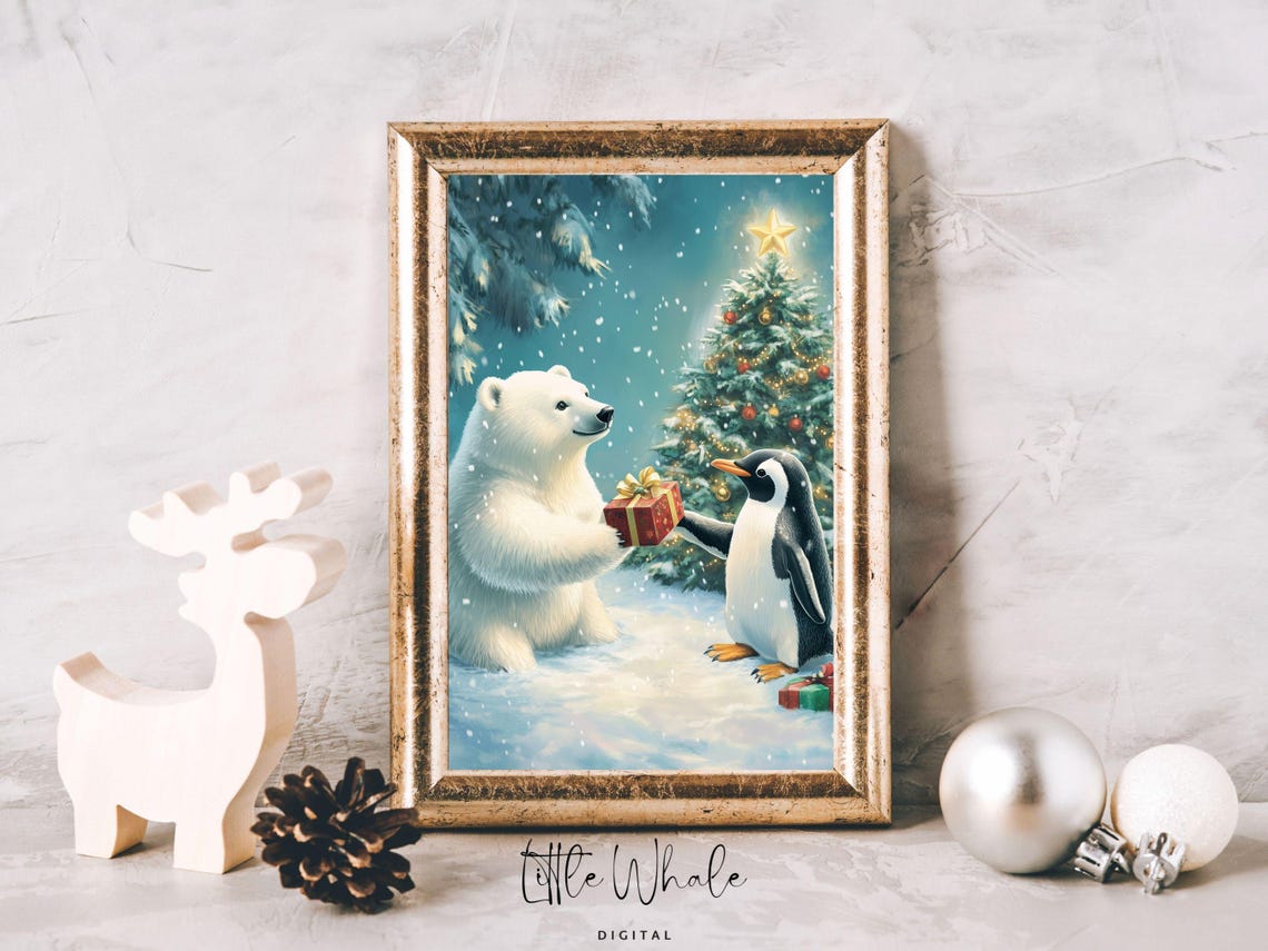 Polar Bear And Penguin Exchanging Gifts By Christmas Tree Poster - Image 2