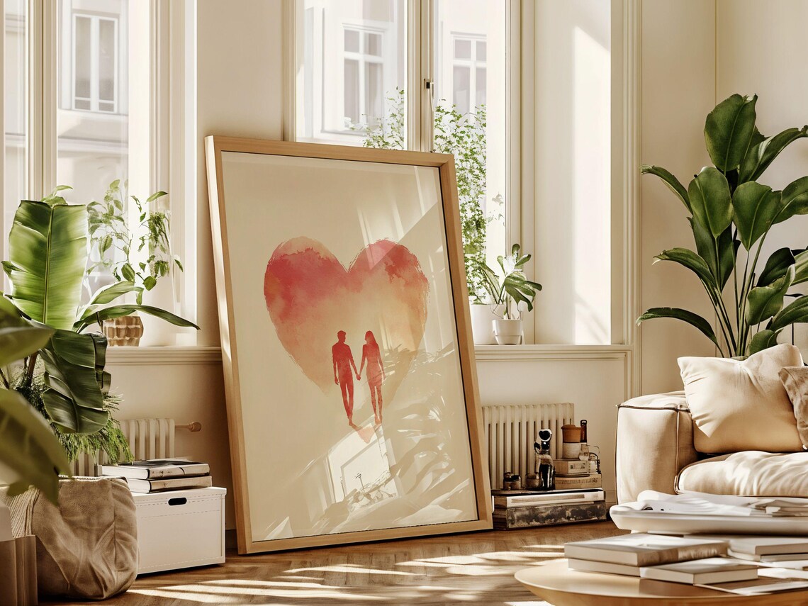 Romantic Couple Inside Watercolor Heart Shape Valentine Art Poster - Image 2