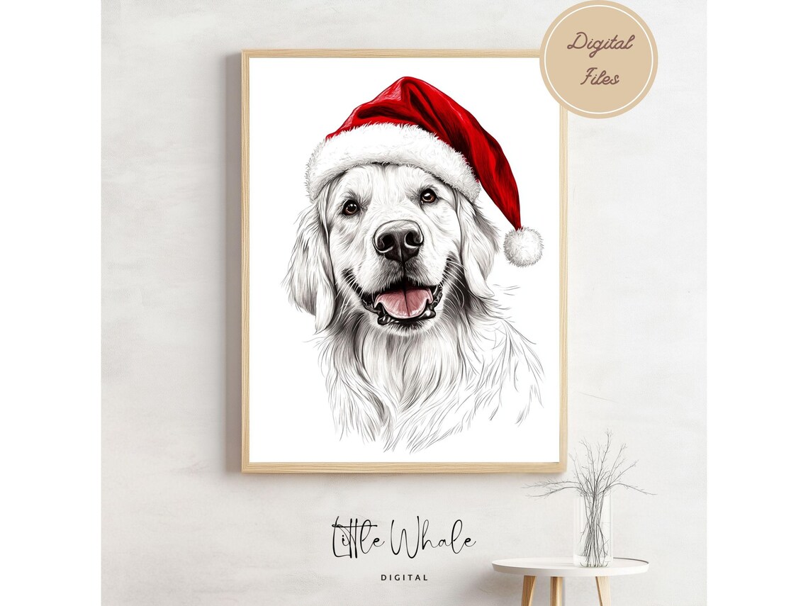 White Golden Retriever Sketch in Santa Hat Smiling Dog Art Print