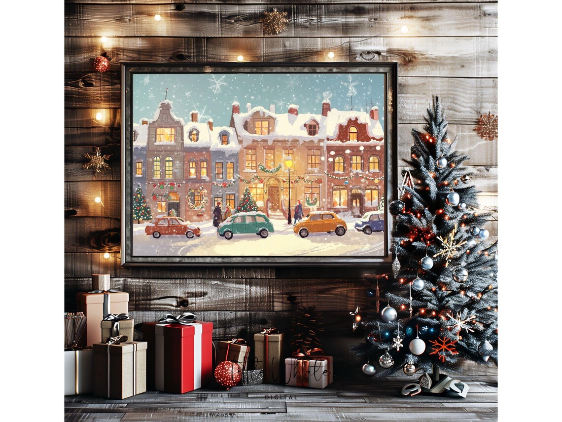 Snowy Town Square At Dusk With Vintage Cars Christmas Eve Poster - Image 2