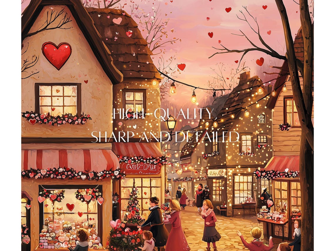 Valentine Town Street With Falling Hearts Romantic Village Poster - Image 2