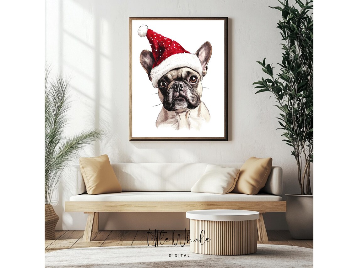 French Bulldog in Santa Hat Adorable Christmas Pup Portrait Art Print - Image 4