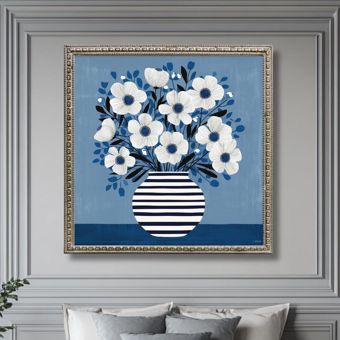 Navy White Anemone Bouquet Striped Vase Modern Floral Art Poster
