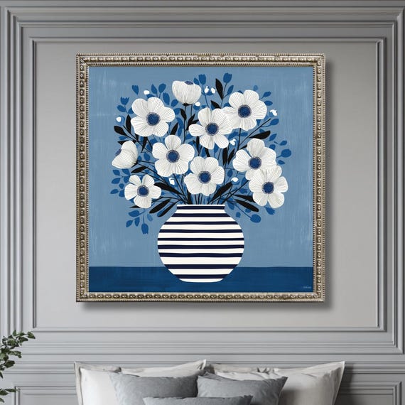 Navy Blue White Anemone Floral Print Striped Vase Botanical Wall Art Modern Abstract Flower Illustration Coastal Home Decor