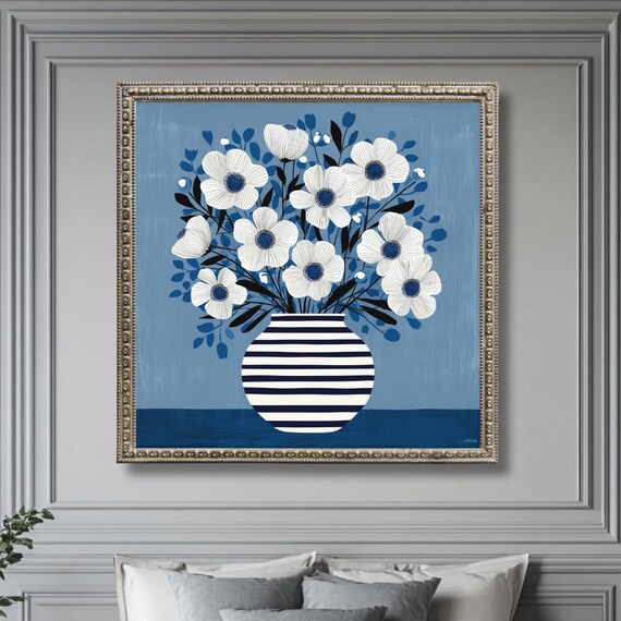 Navy White Anemone Bouquet Striped Vase Modern Floral Art Poster