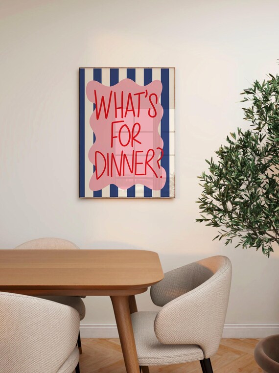 Whats For Dinner Bold Hand Lettered Typography Striped Kitchen Quote Poster