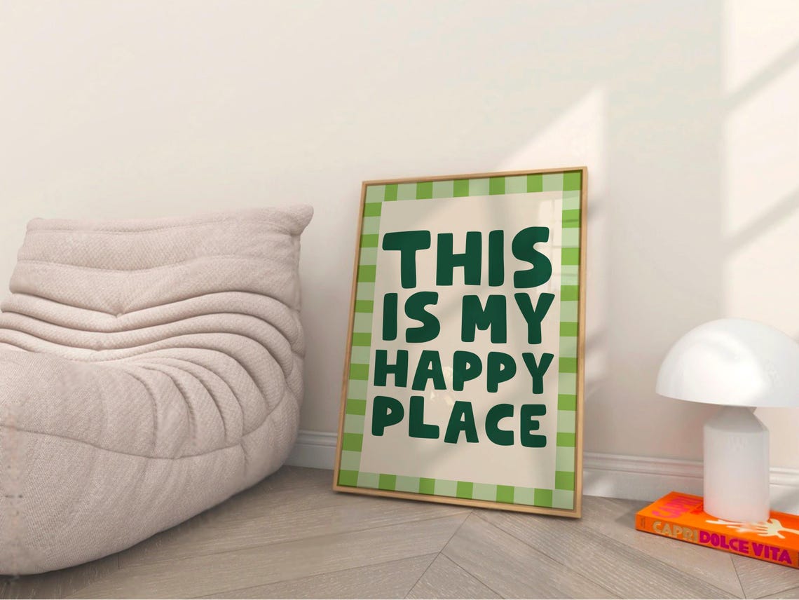 This Is My Happy Place Green Gingham Typography Quote Poster