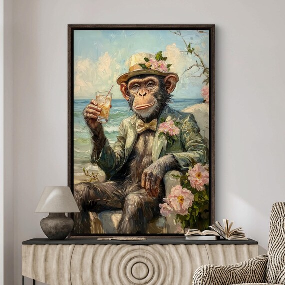 Dapper Chimpanzee In Suit With Cocktail Beachside Quirky Humor Art Poster