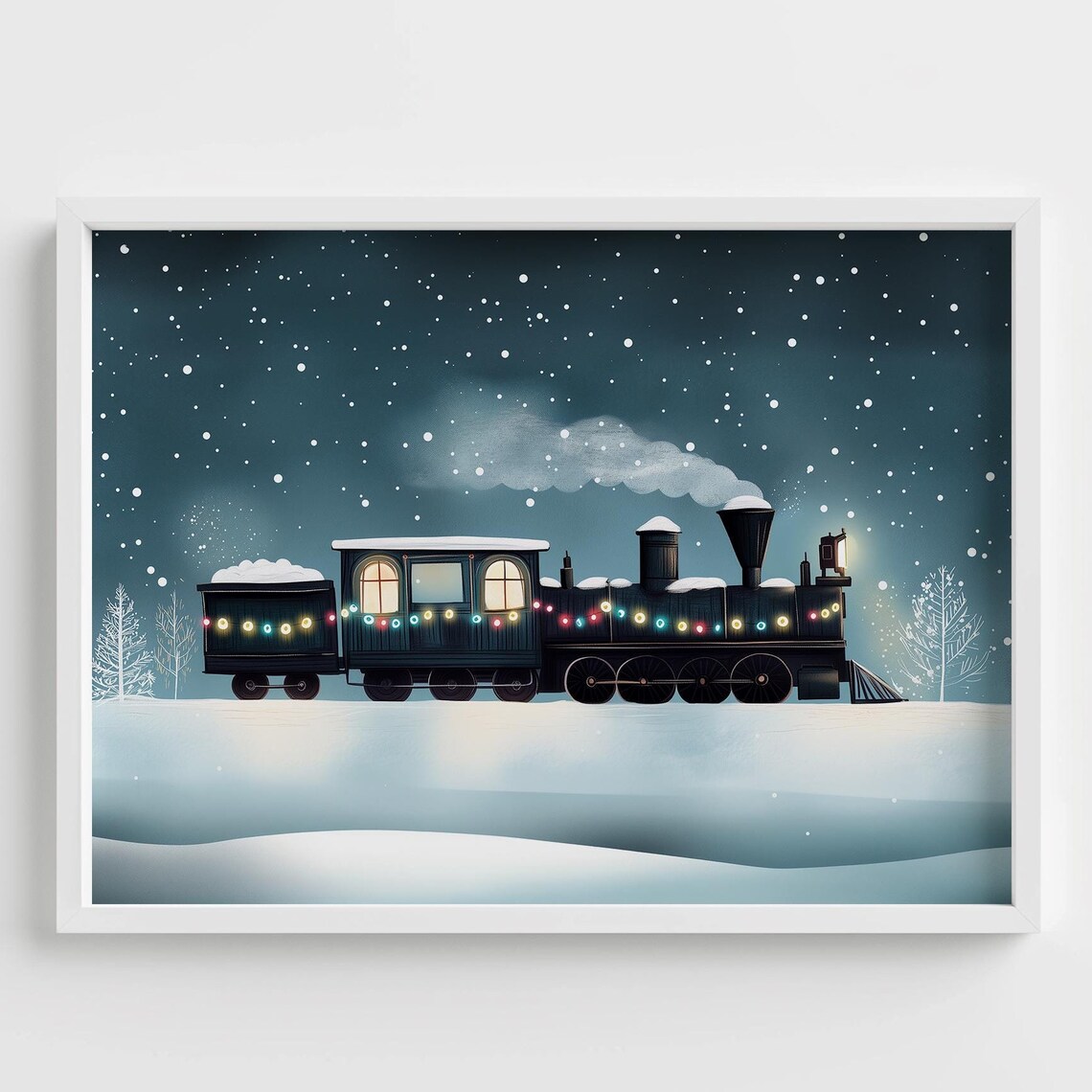Christmas Steam Train Colorful Lights Snowy Night Watercolor Poster