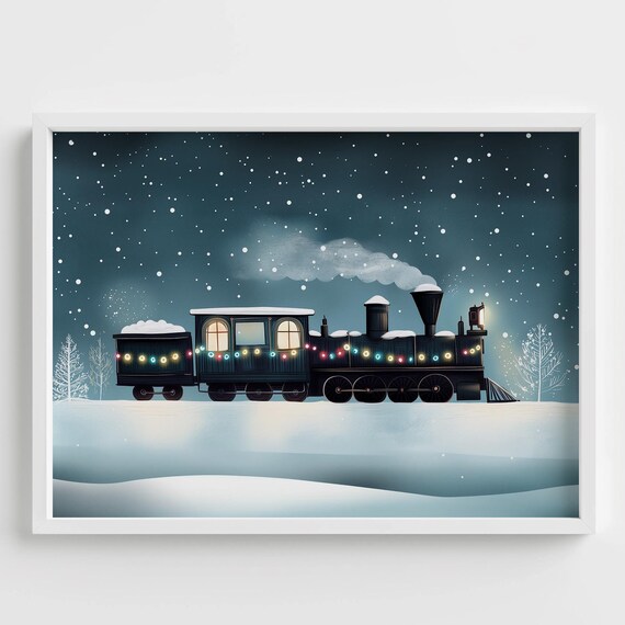 Christmas Steam Train Colorful Lights Snowy Night Watercolor Poster