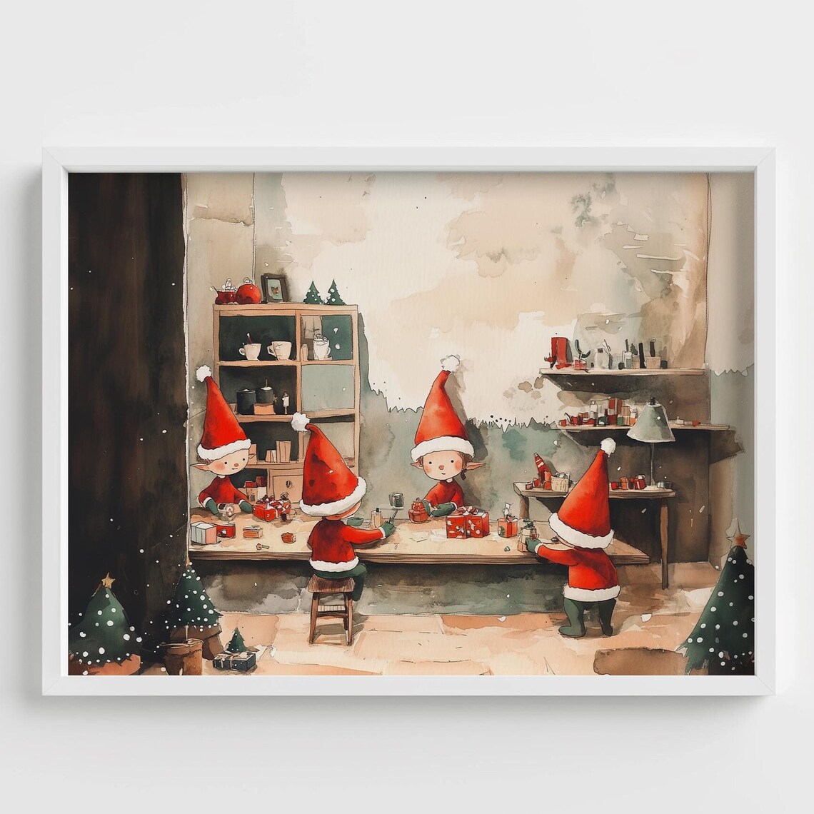 Santas Workshop Christmas Elves Wrapping Gifts Watercolor Poster