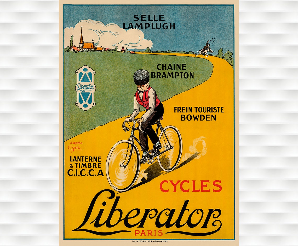 Cycles Liberator Paris Boy Yellow Road Vintage Bicycle Poster