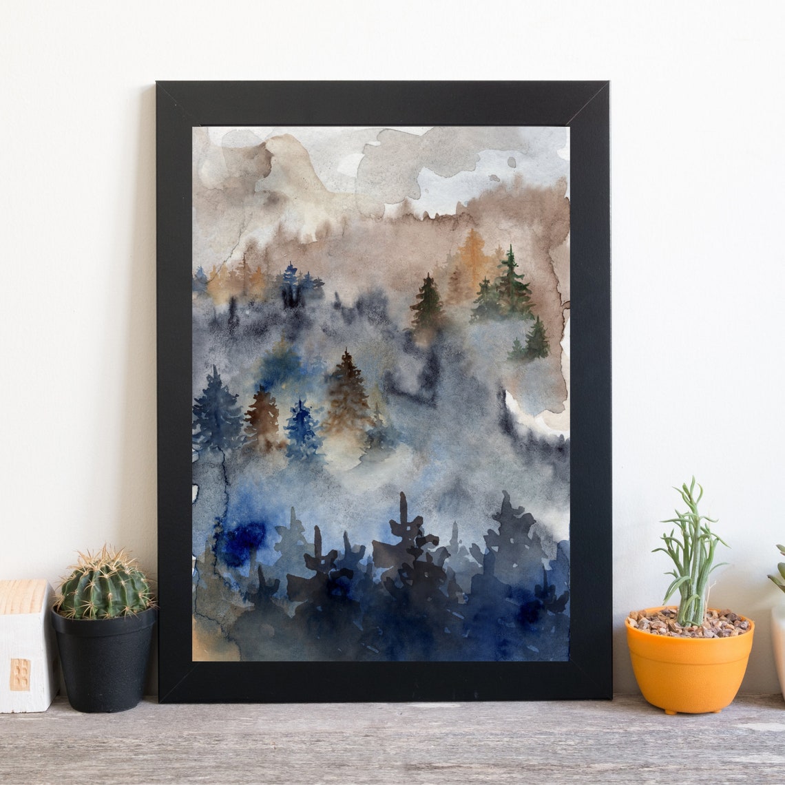 Autumn Fir Forest Watercolor Misty Mountain Fall Landscape Poster