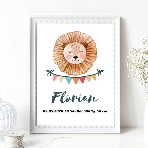 Personalized Baby Birth Poster Cute Lion Watercolor Nursery Wall Decor