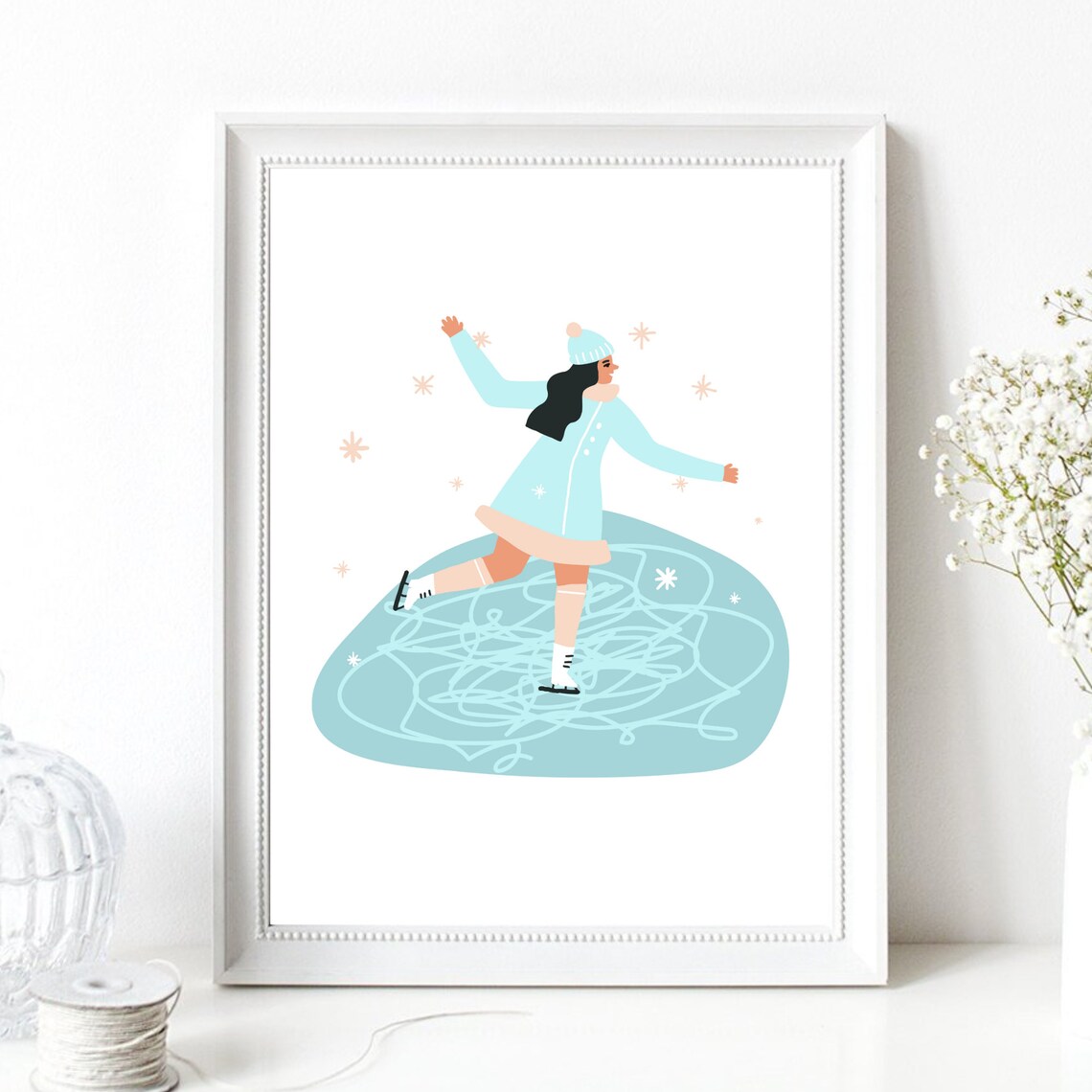 Girl Ice Skating Frozen Pond Winter Blue Illustration Sports Poster