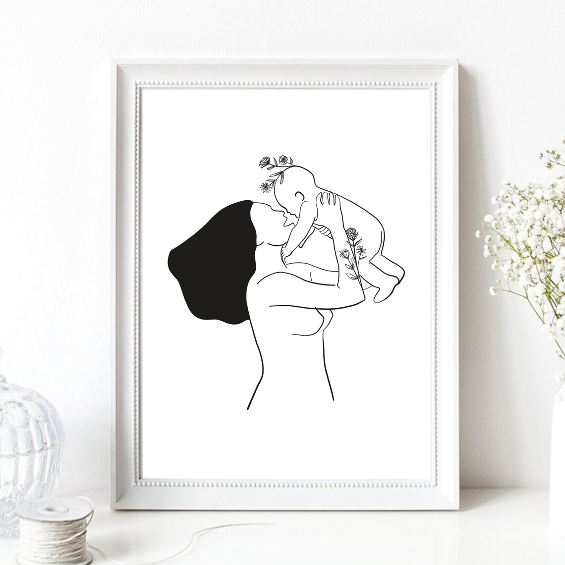 Mother Kissing Baby Lifted High Floral Minimalist Line Art Wall Art
