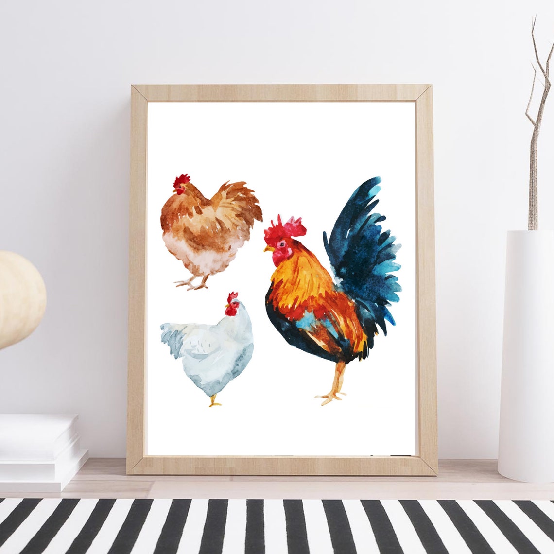 Rooster and Hens Watercolor Farm Birds Rustic Kitchen Wall Art