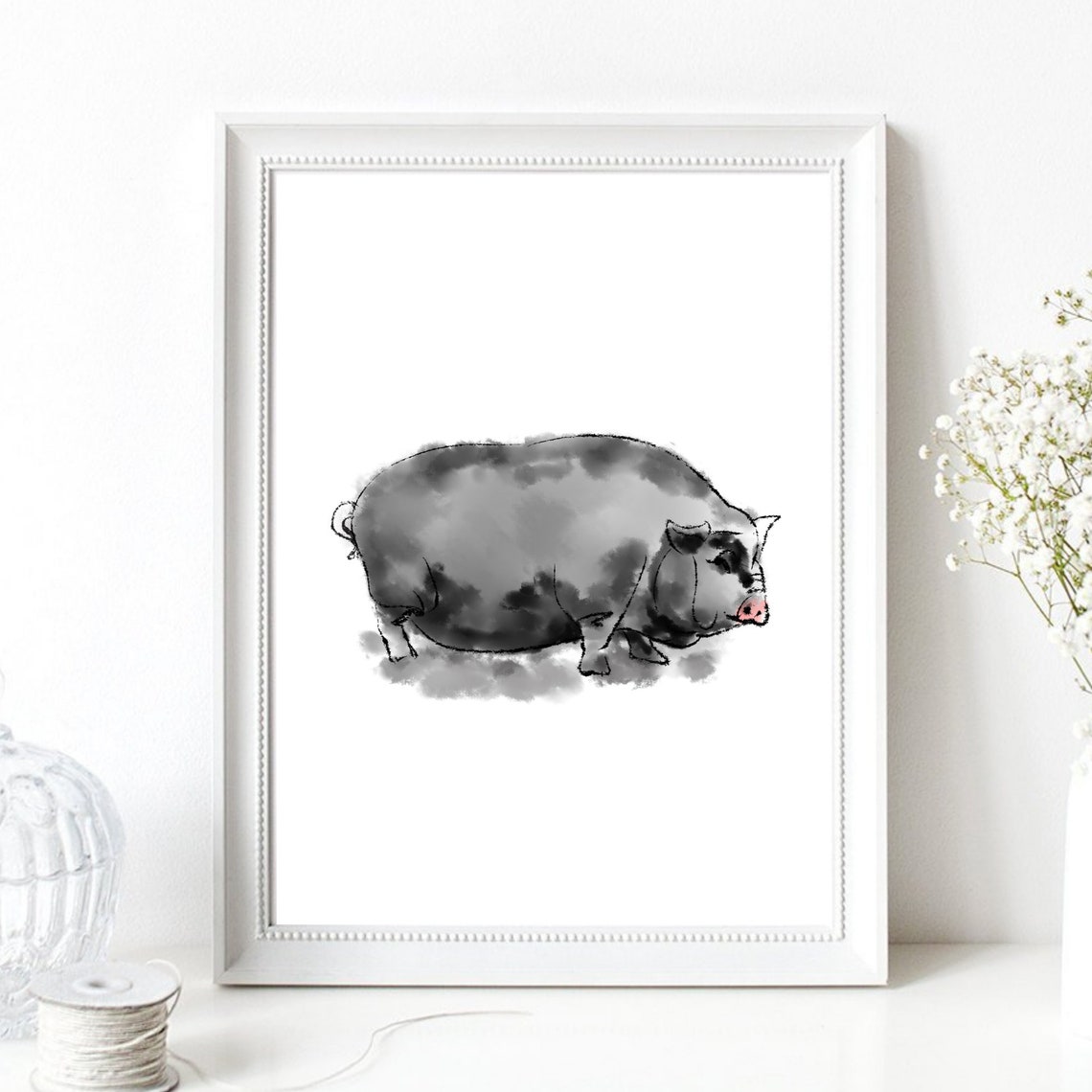 Mini Pot Bellied Pig Ink Watercolor Cute Grey Farm Animal Poster - Image 3