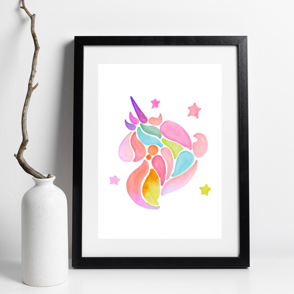 Pastel Unicorn Head Starry Watercolor Scandi Style Magical Nursery Poster - Image 2