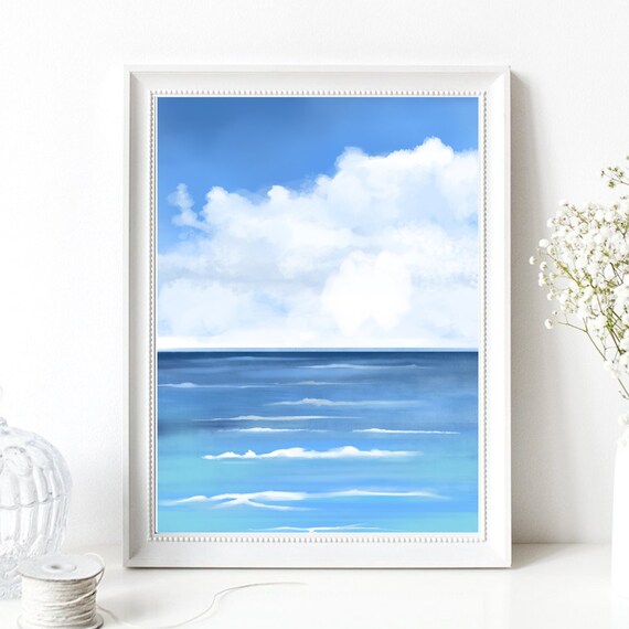 Ocean Horizon Blue Waves White Clouds Serene Maritime Illustration Print